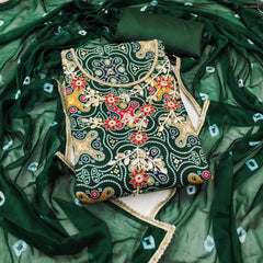 Dark green Bandhani printed Cotton Unstitched suit set