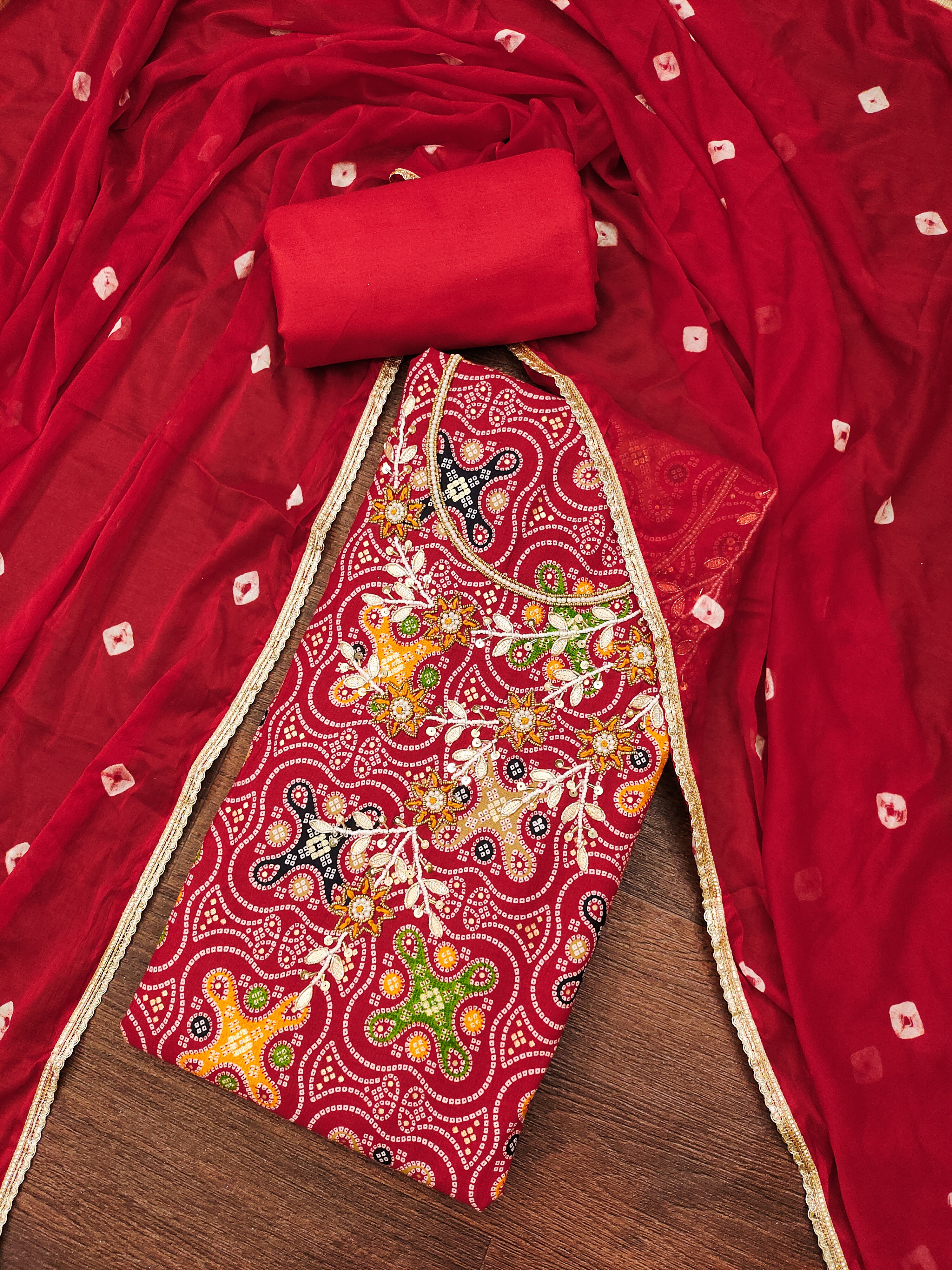 Handwork unstitched suit in cotton fabric with Bandhani work