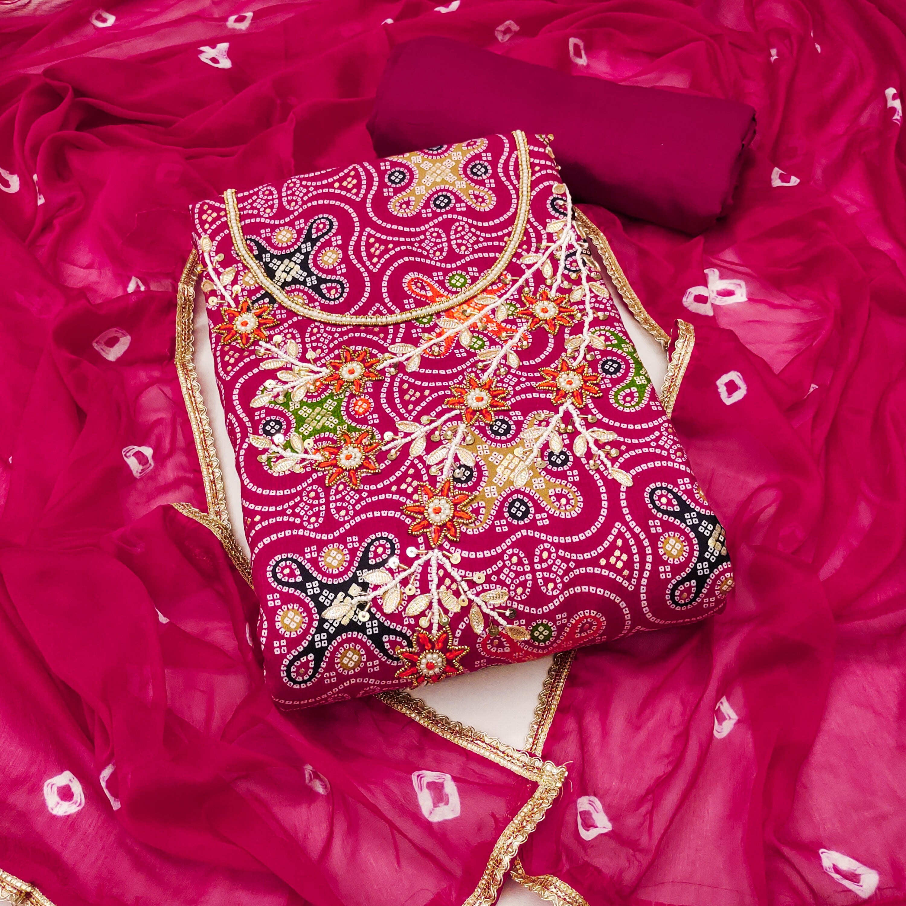 Pink Cotton Unstitched suit With Bandhani print