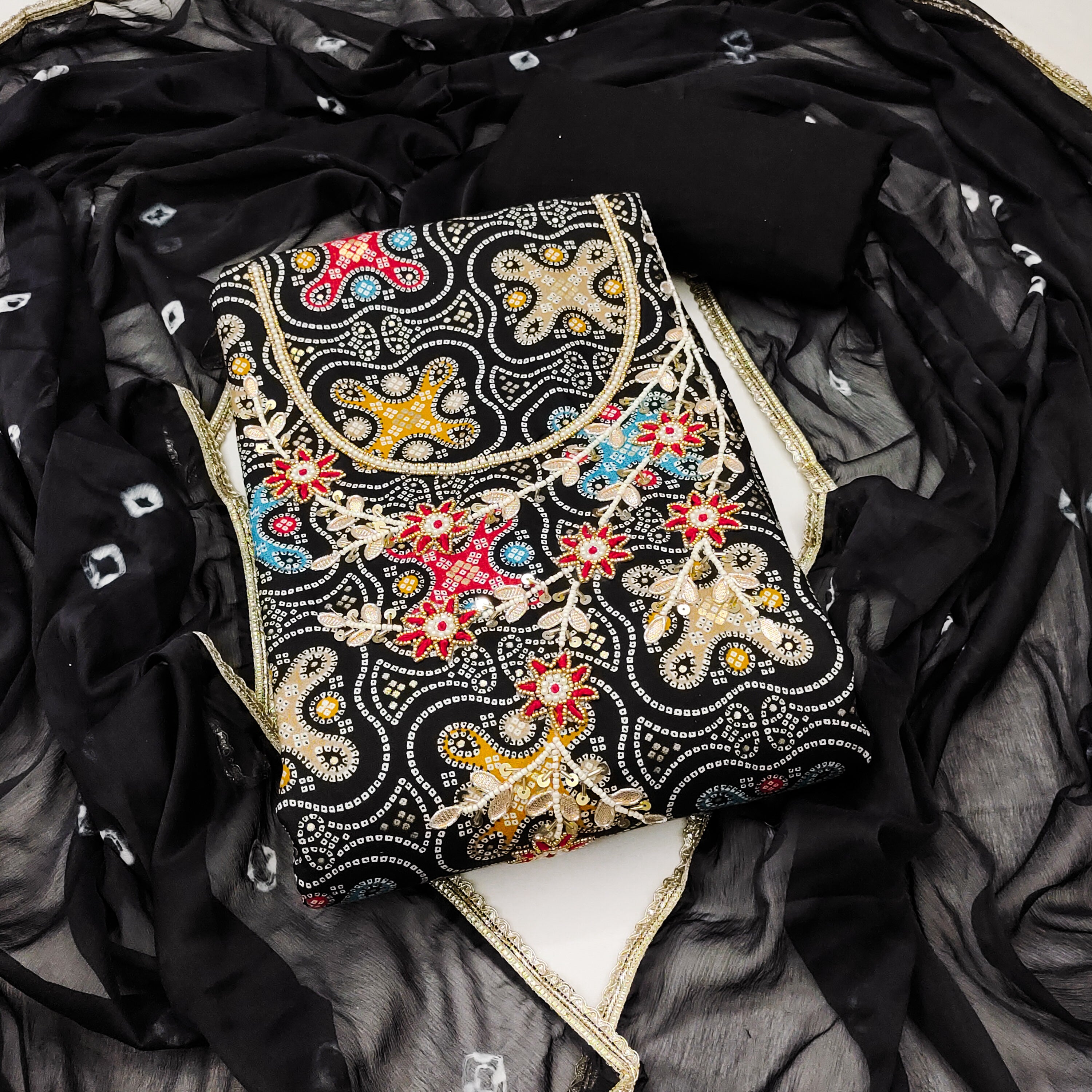 Black Bandhani print Unstitched suit Set for Navratri Celebrations