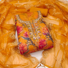 Orange Organza Handworked Position Print Unstitched Suit