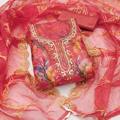 Red Organza Handworked Position Print Unstitched Suit