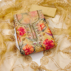 Light Yellow Organza Handworked Position Print Unstitched Suit