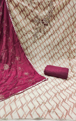 Wine and White Floral Cotton Banarasi Handwork Unstitched Suit