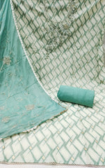 Blue and White Floral Cotton Banarasi Handwork Unstitched Suit