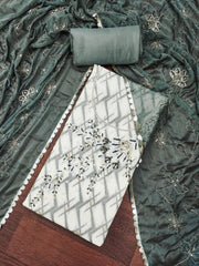 Teal Green and White Floral Cotton Banarasi Handwork Unstitched Suit