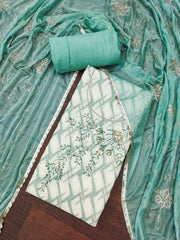 Blue and White Floral Cotton Banarasi Handwork Unstitched Suit