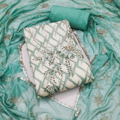 Blue and White Floral Cotton Banarasi Handwork Unstitched Suit