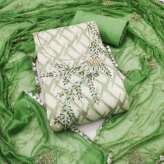 Green and White Floral Cotton Banarasi Handwork Unstitched Suit