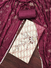 Wine and White Floral Cotton Banarasi Handwork Unstitched Suit