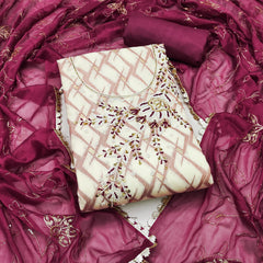 Wine and White Floral Cotton Banarasi Handwork Unstitched Suit