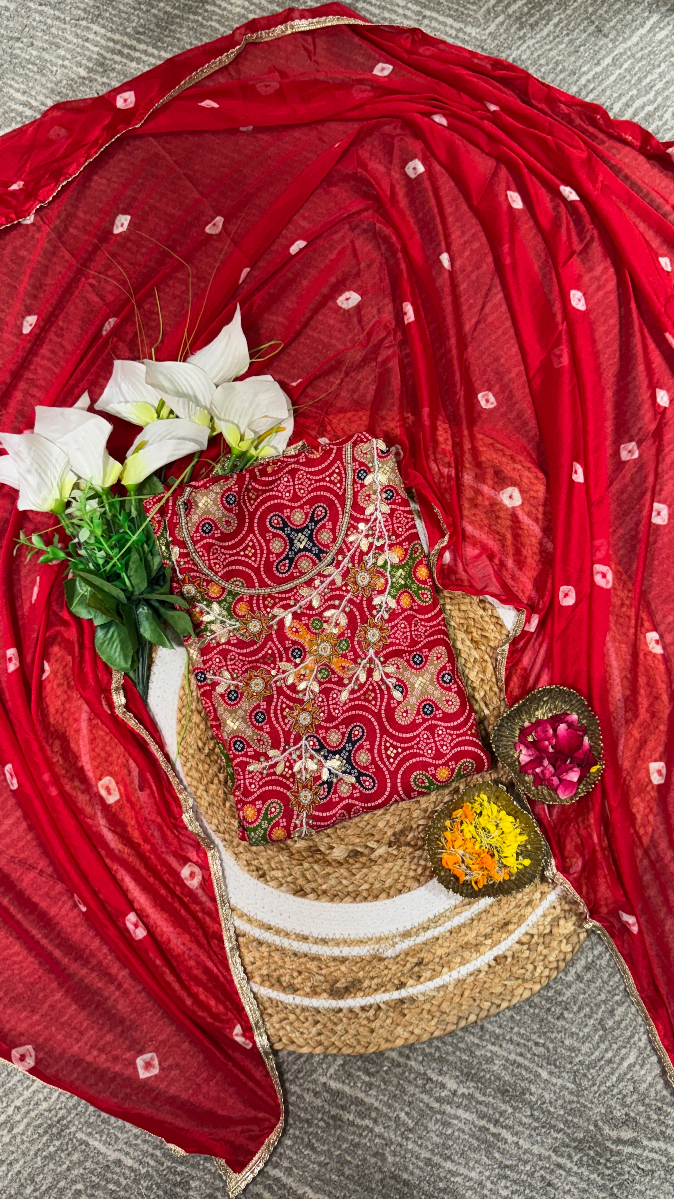 Red Cotton Bandhani printed Unstitched suit For wedding