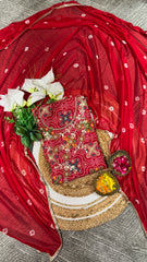Red Cotton Bandhani printed Unstitched suit For wedding