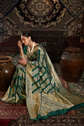 Green banarsi Silk Saress with zari woven border For Navrarti Night