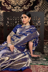 Blue Banarsi Sarees with pure zari border For navratri