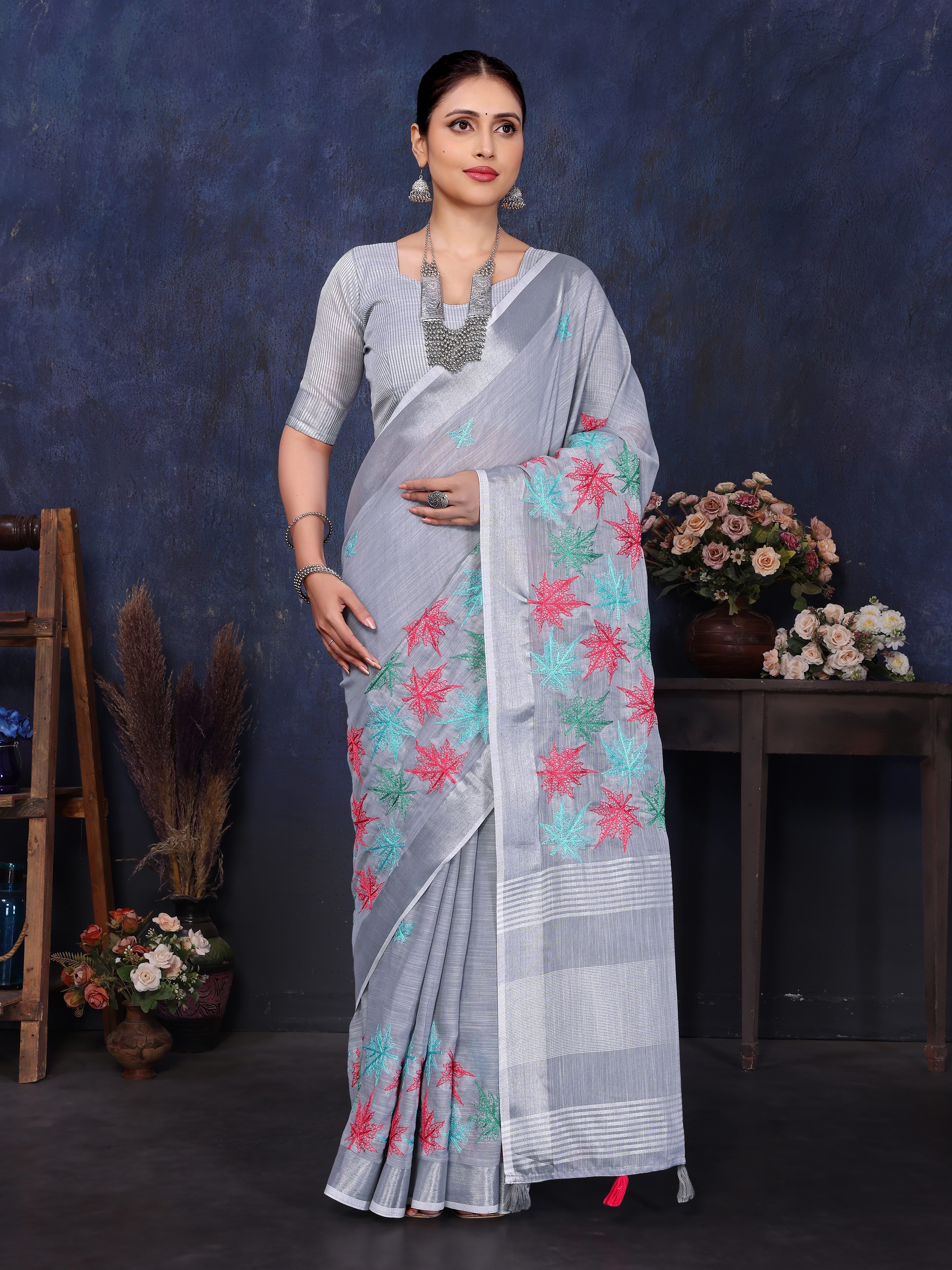 Latest Grey Linen Embroidery Saree