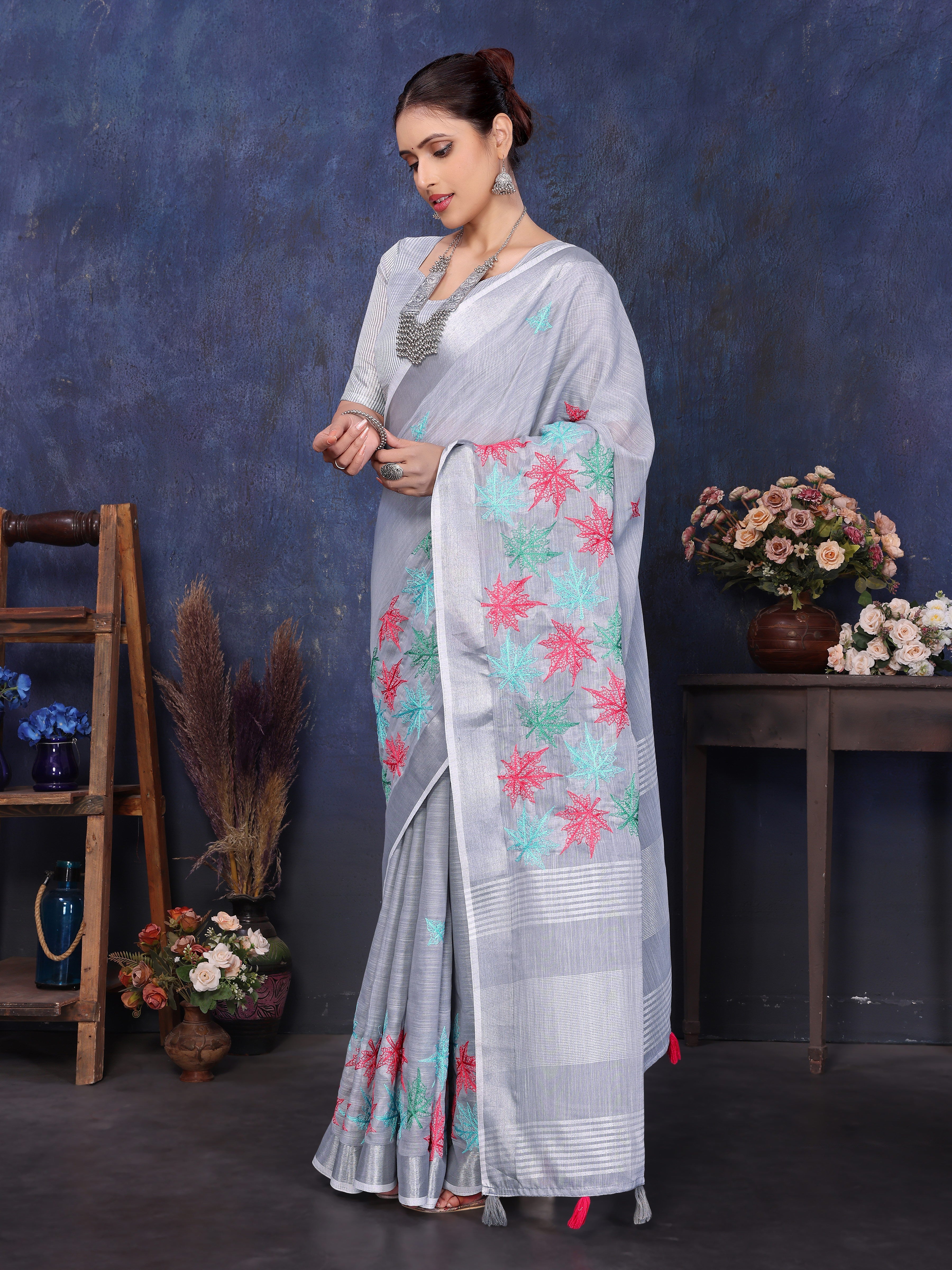 Linen Embroidery Silk Saree In Grey Color