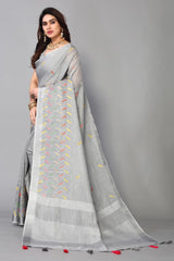 Grey linen cotton mirror work saree