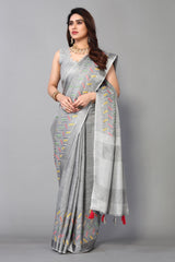 Grey linen cotton mirror work saree