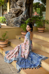 Blue Silk Blend Digital Print Woven Saree
