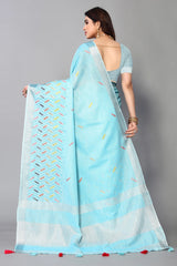 Blue linen cotton mirror work saree