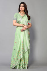 Green linen cotton mirror work saree