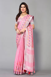Pink linen cotton mirror work saree