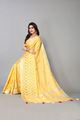 Yellow Linen Cotton Mirror Work Saree