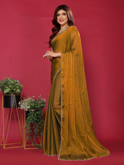 Mustard Satin Silk Handwork Saree