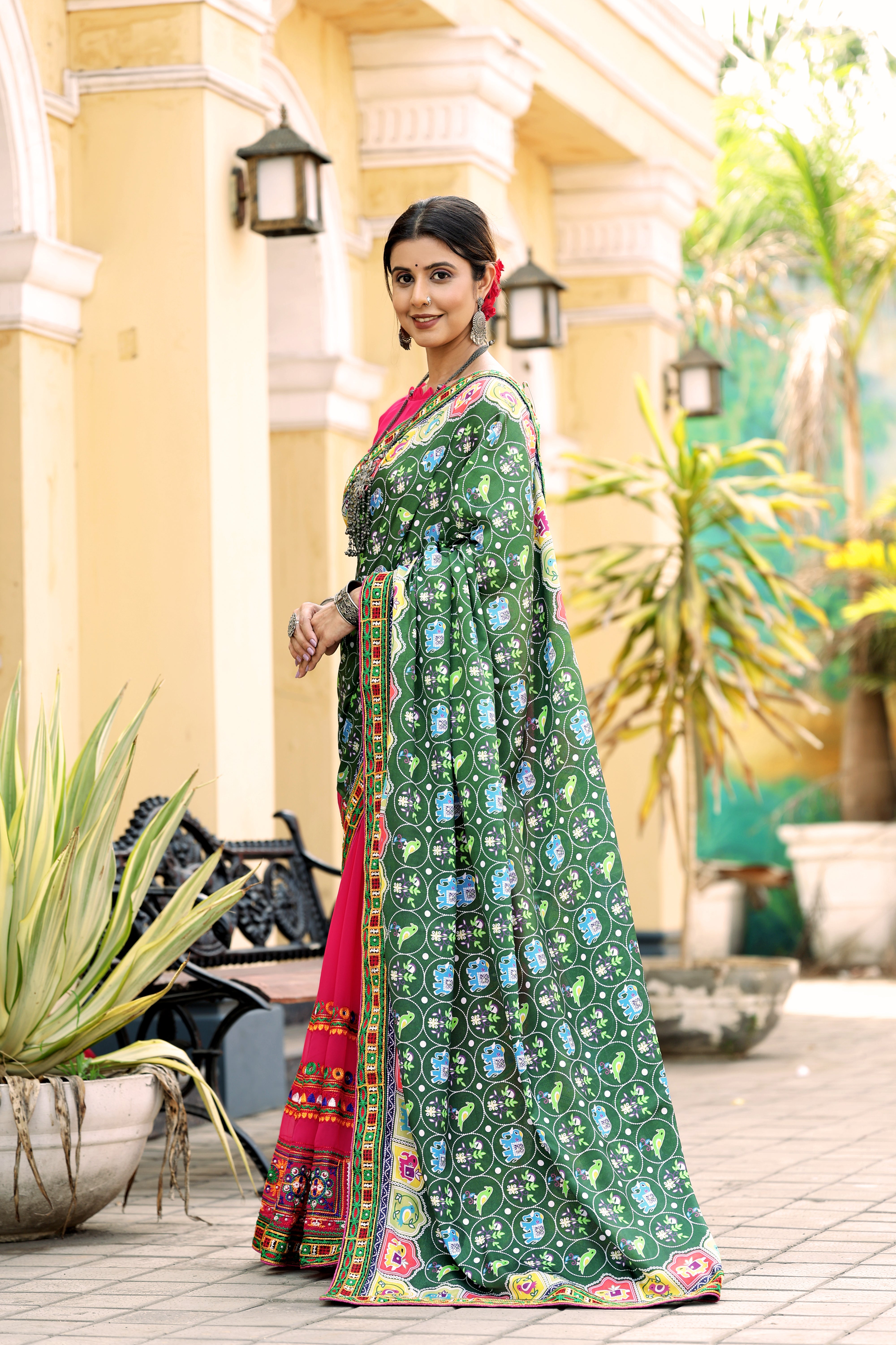 Green And Pink Half And Half Saree For Wedding