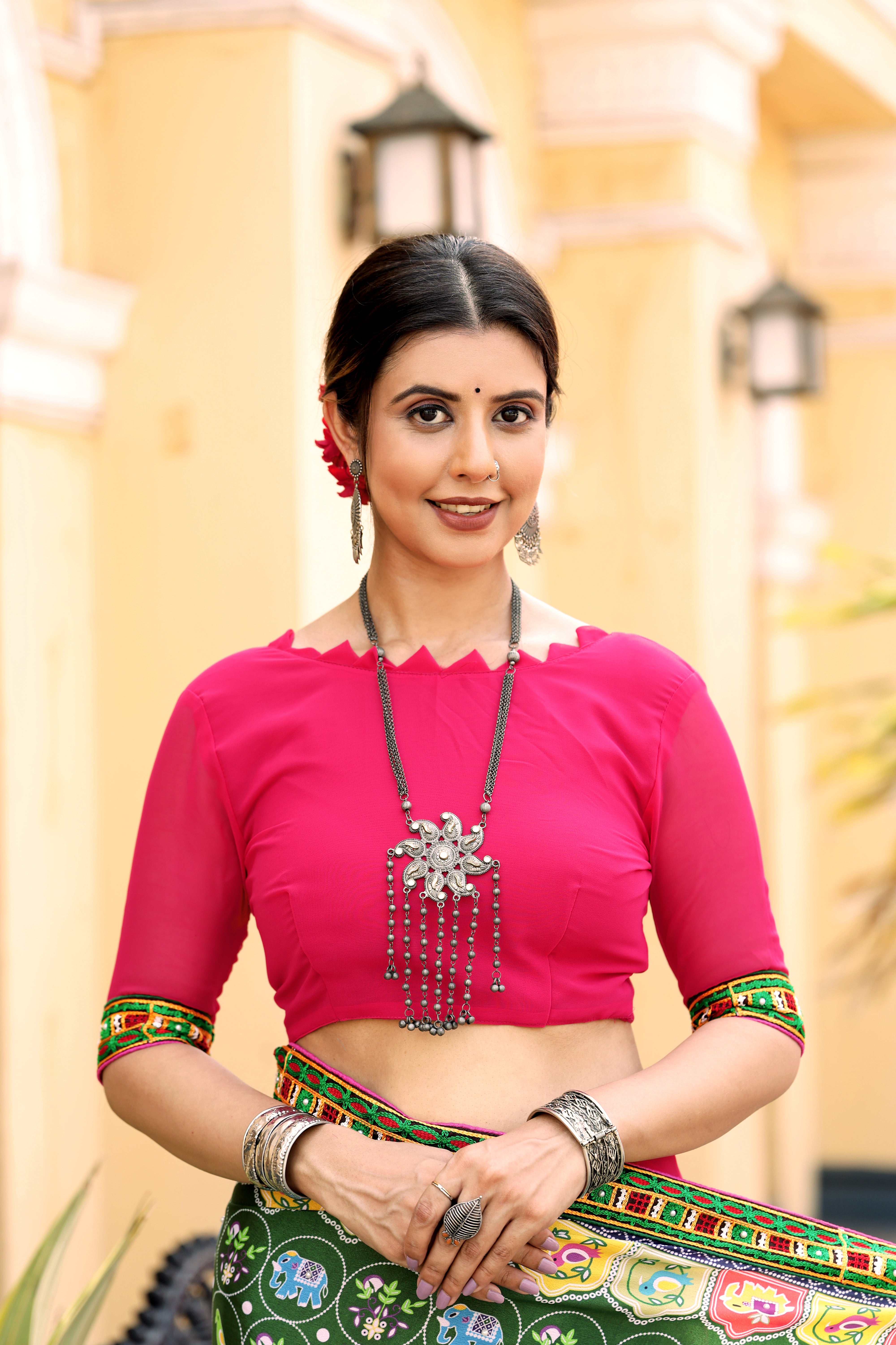 Green And Pink Half And Half Saree With Blouse