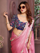 Pink Satin silk sequence lace work saree