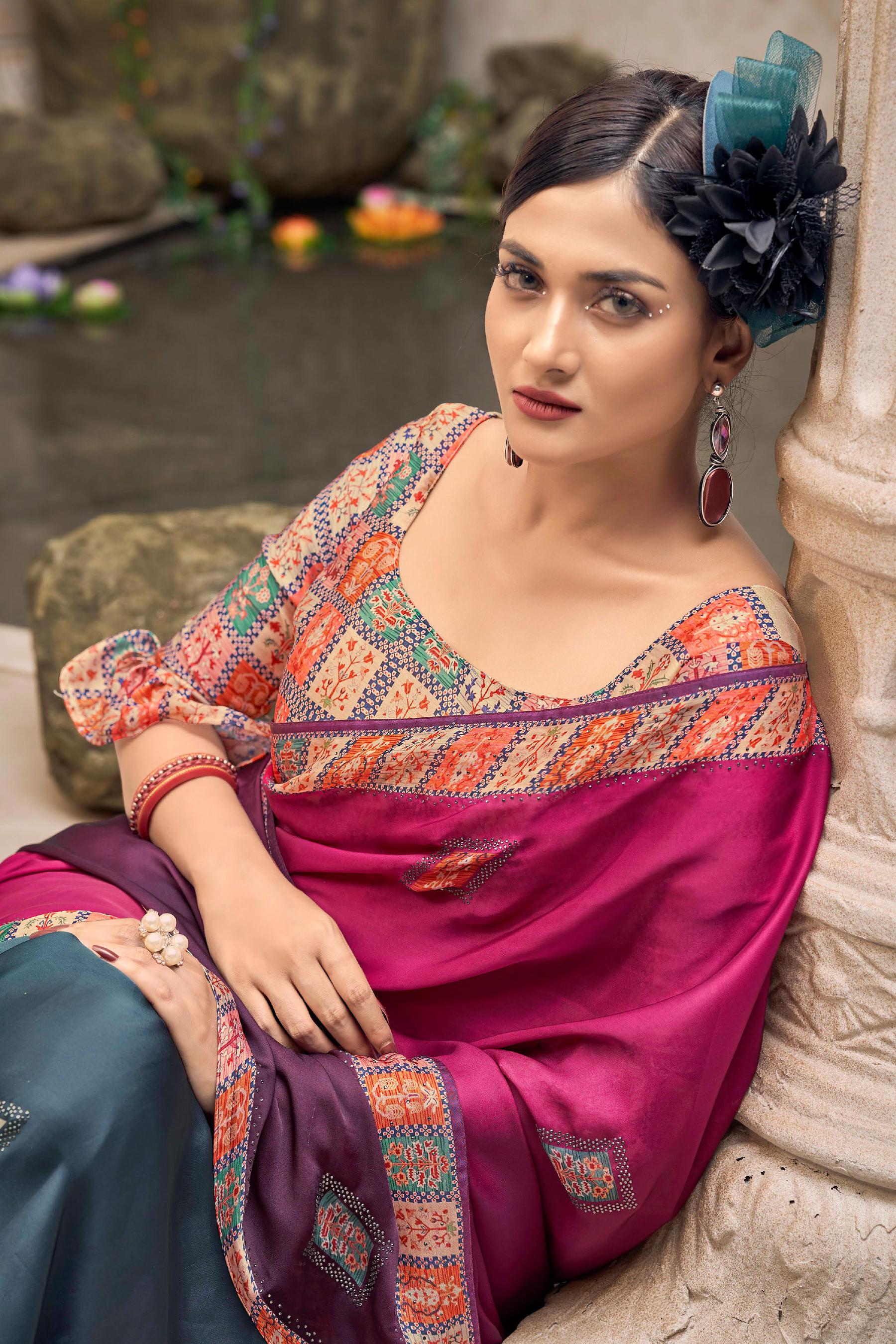 Pink And Blue Bollywood Satin Saree