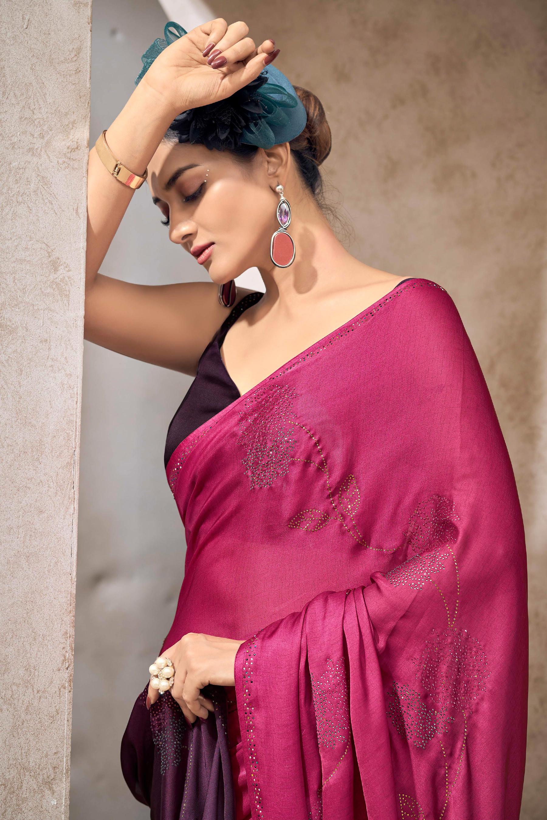 Pink And Green Bollywood Satin Saree