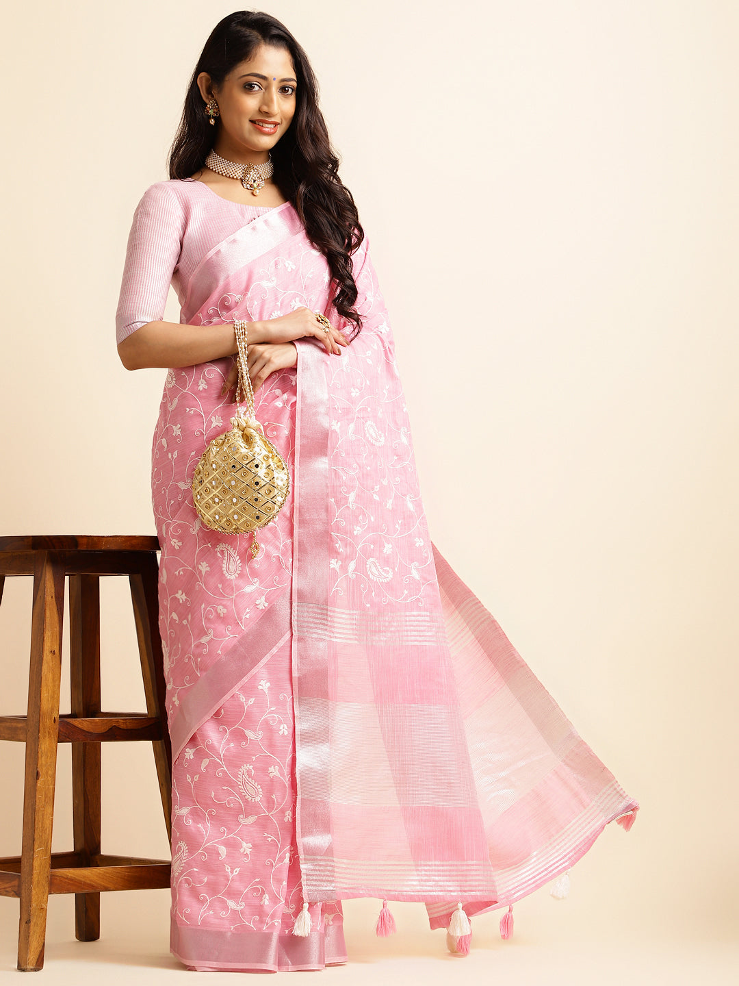 Pink Color hand-embroidered pink linen saree