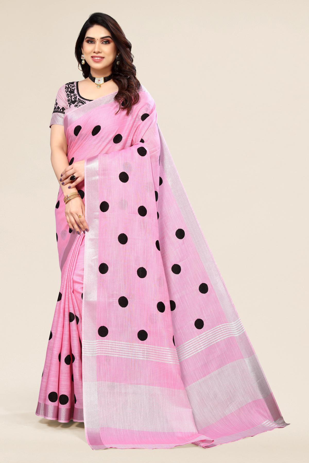 Pink Linen Saree with Embroidered Polka Dots