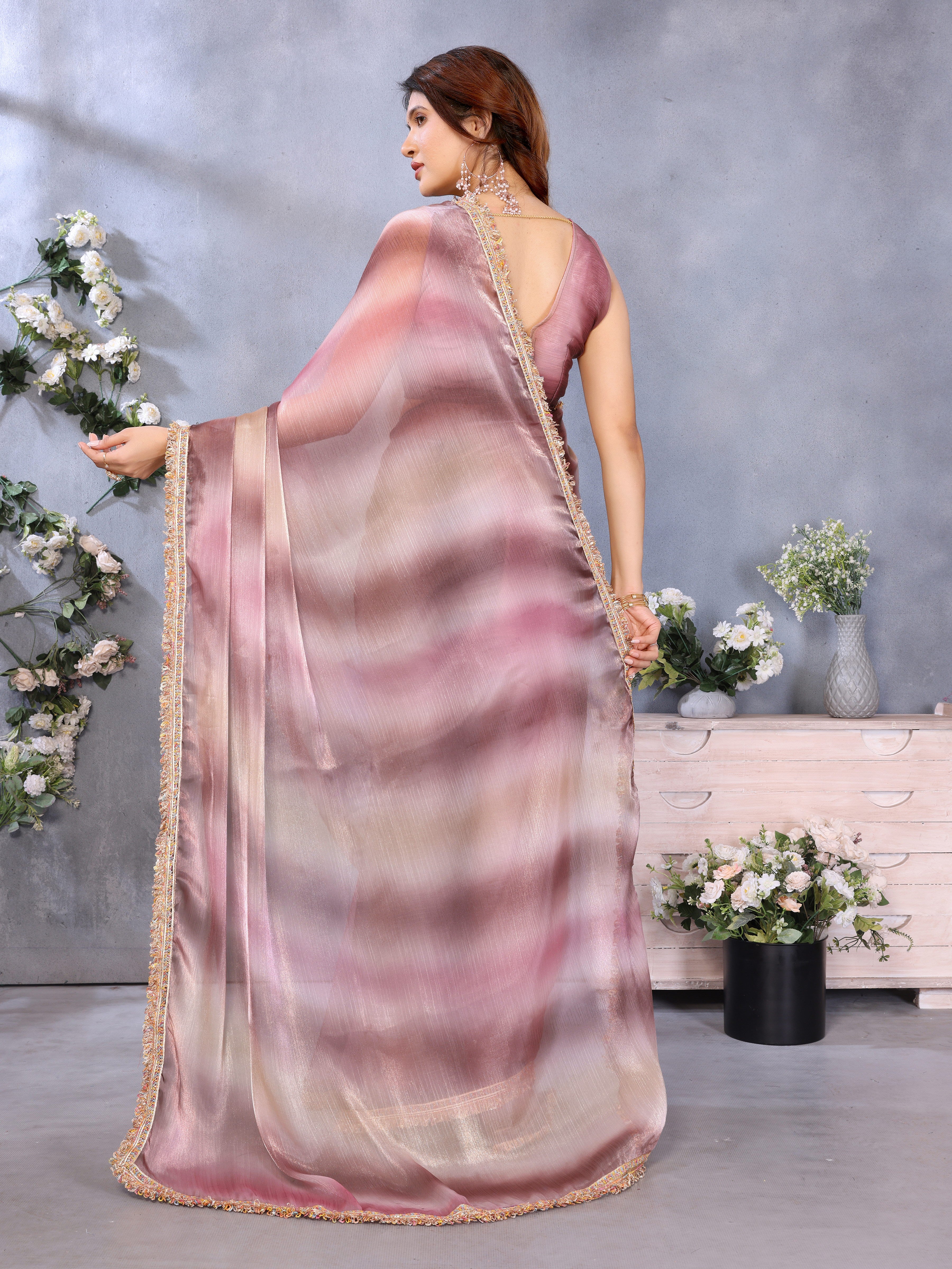 Pink Satin Silk Sequin Embroidery Work For Festival