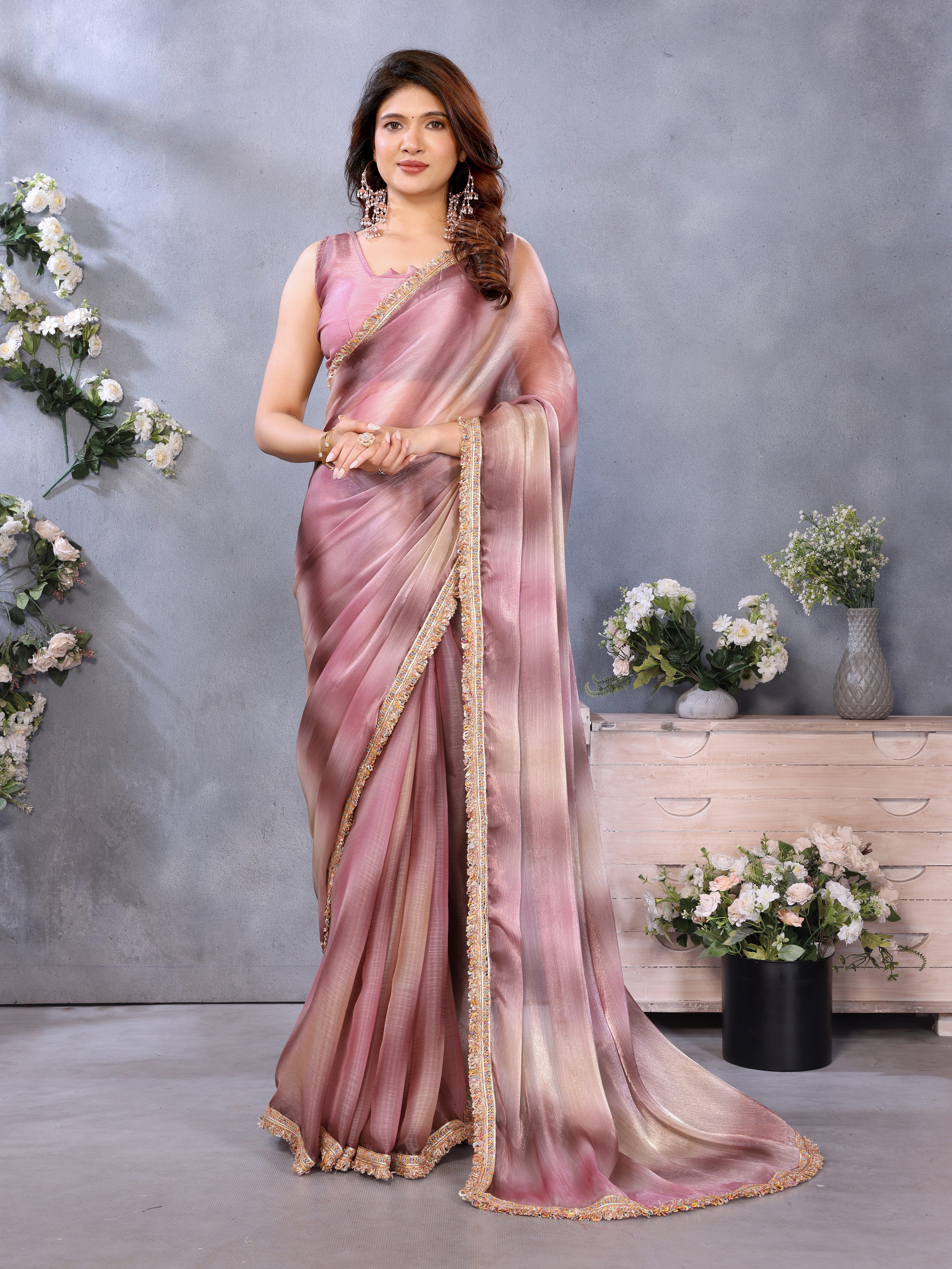 Pink Satin Silk Sequin Embroidery Work For Wedding