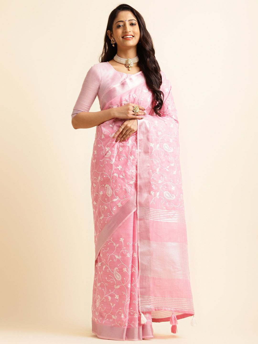 Pink linen saree with floral embroidery