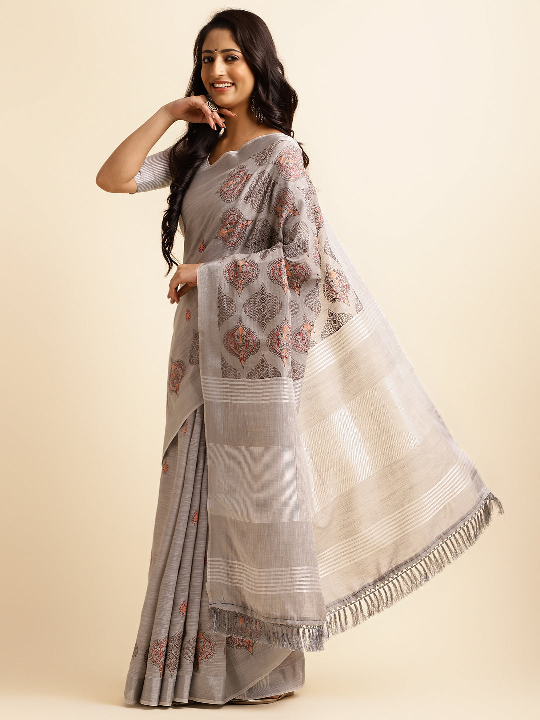 Platinum Grey Linen Saree For Summer And Casual Wear