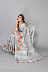 Pure Grey Cotton Silk Saree With Embroidered Gold Zari Pallu