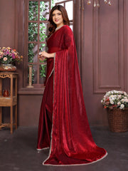 Red Satin silk Mirror Work Saree