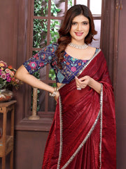 Red Satin silk Mirror Work Saree