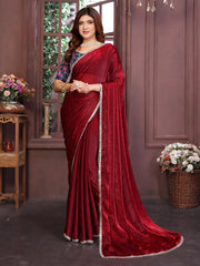 Red Satin silk Mirror Work Saree