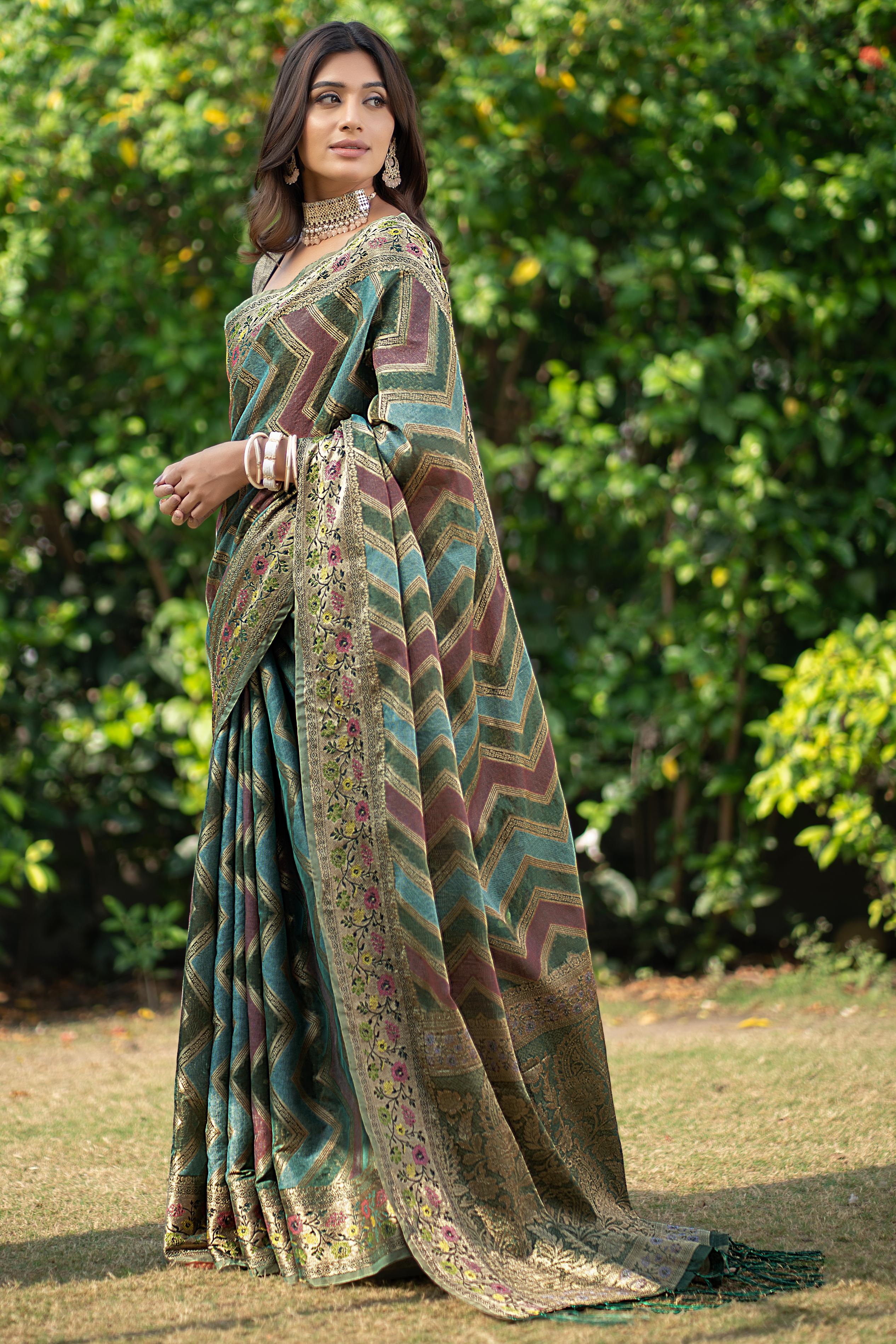 organza zari work saree For Navratri pooja