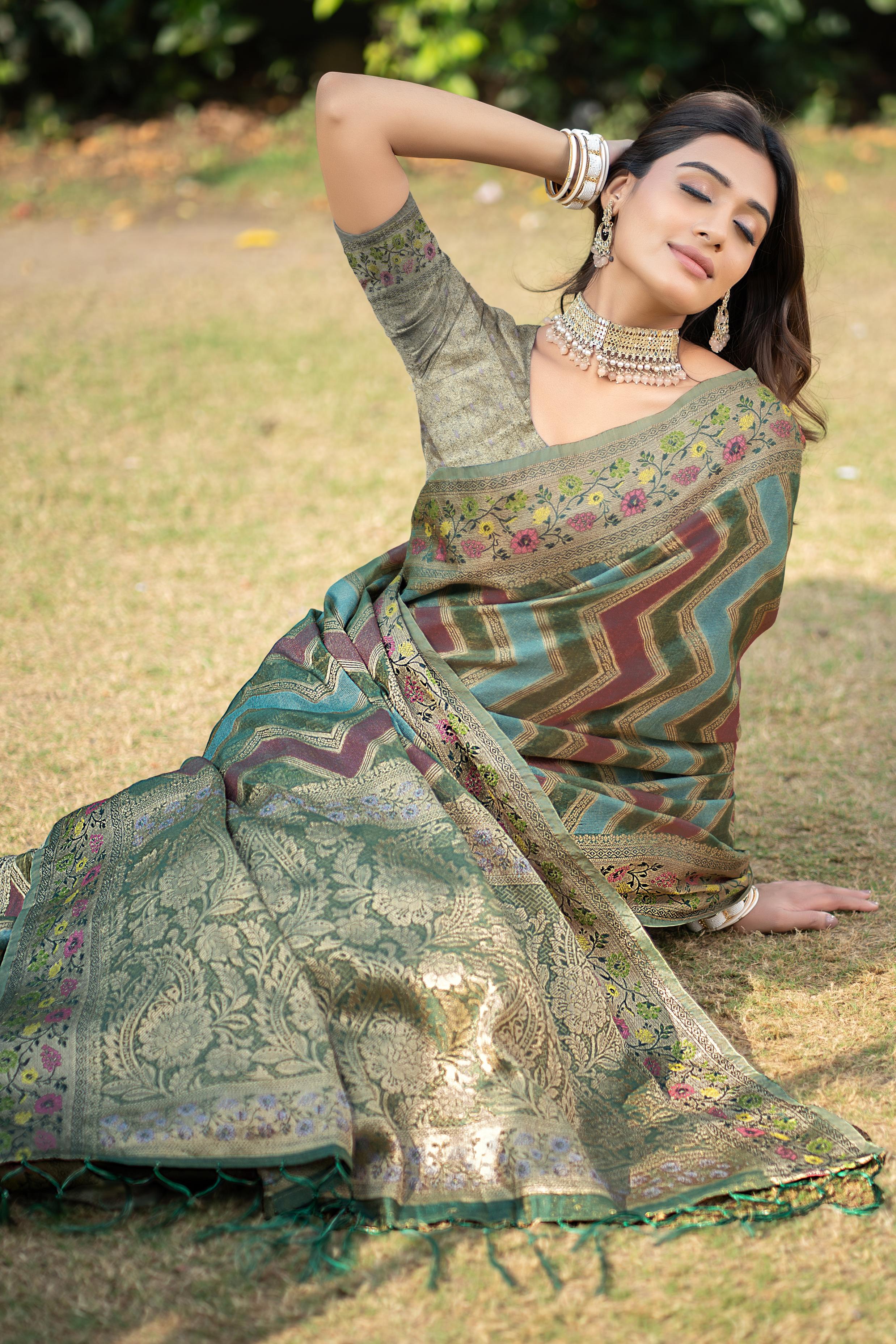 Green organza zari woven leheriya saree For Navratri Nights