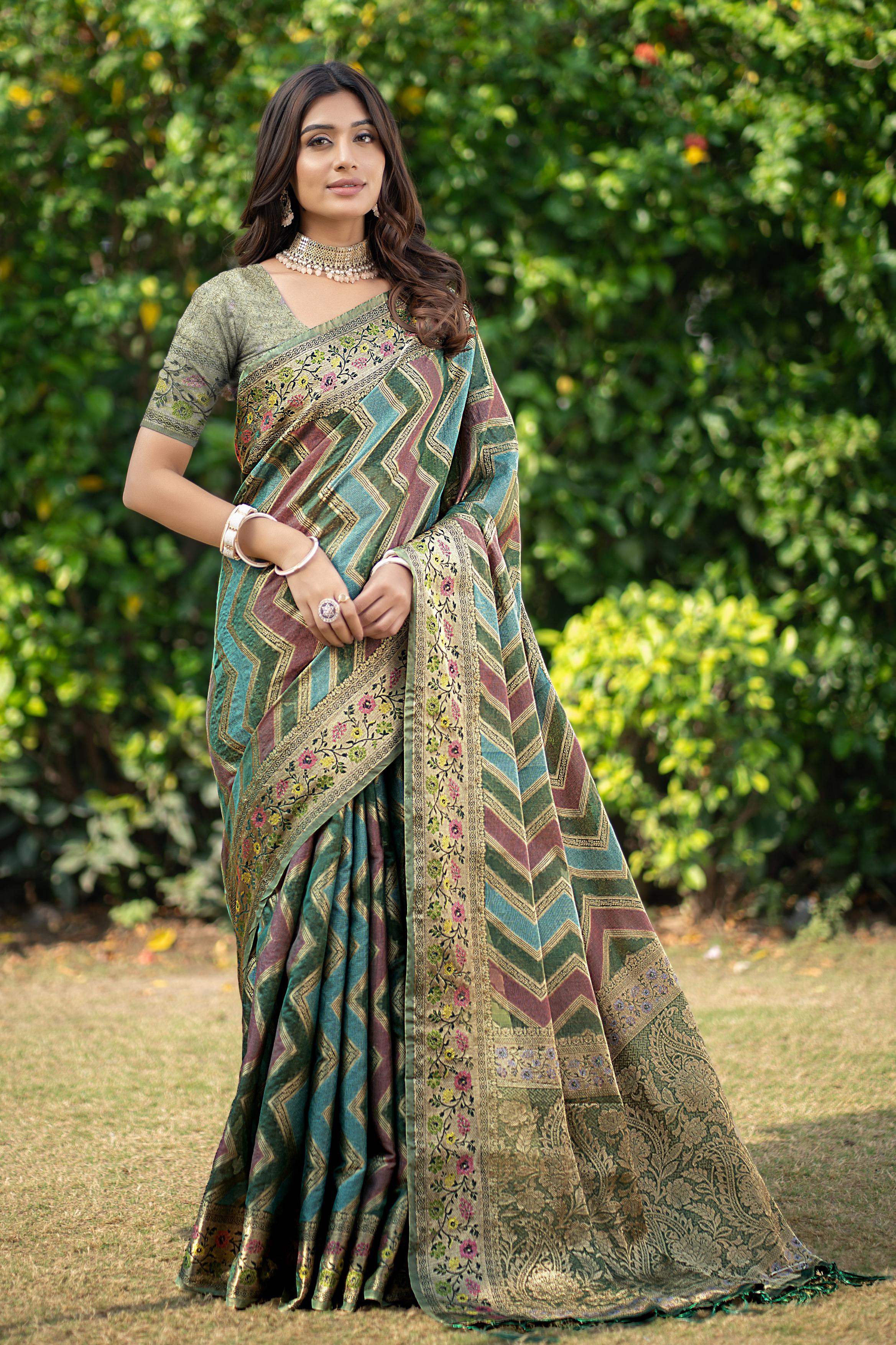 Green organza leheriya designer saree For Mehndi