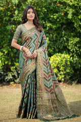 Green organza leheriya designer saree For Mehndi