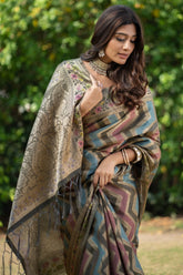 Bottle Grey Organza Zari Woven Lehriya Saree