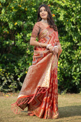 Orange organza leheriya saree with zari work For Sangeet